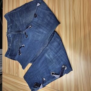 One 5 One Ankle Jeans Women's 14 Blue Denim Lace-up Grommets Raw Hem Whiskered